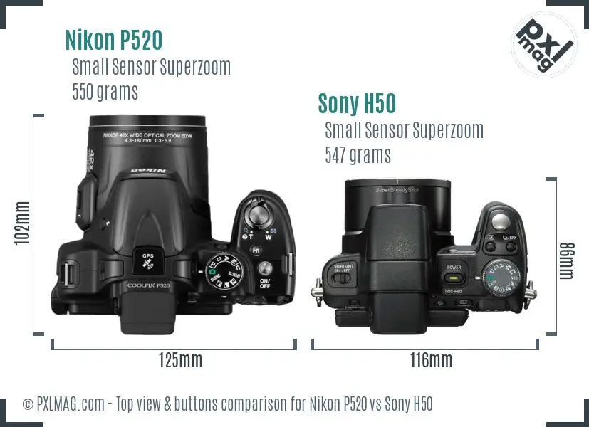 Nikon P520 vs Sony H50 top view buttons comparison