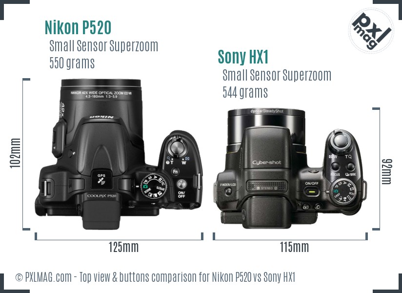Nikon P520 vs Sony HX1 top view buttons comparison