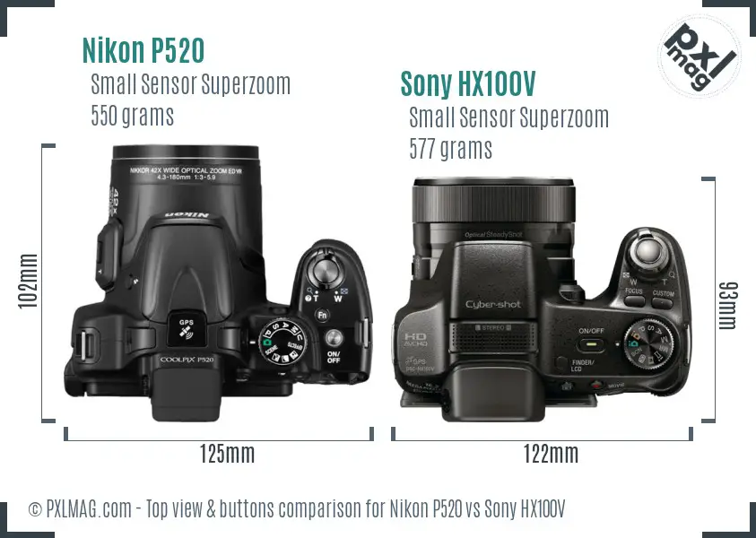 Nikon P520 vs Sony HX100V top view buttons comparison