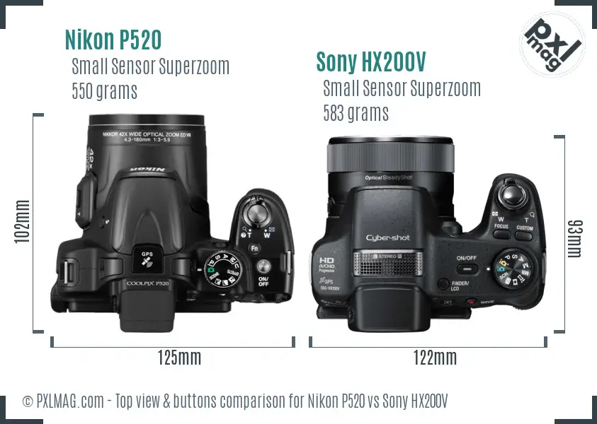 Nikon P520 vs Sony HX200V top view buttons comparison
