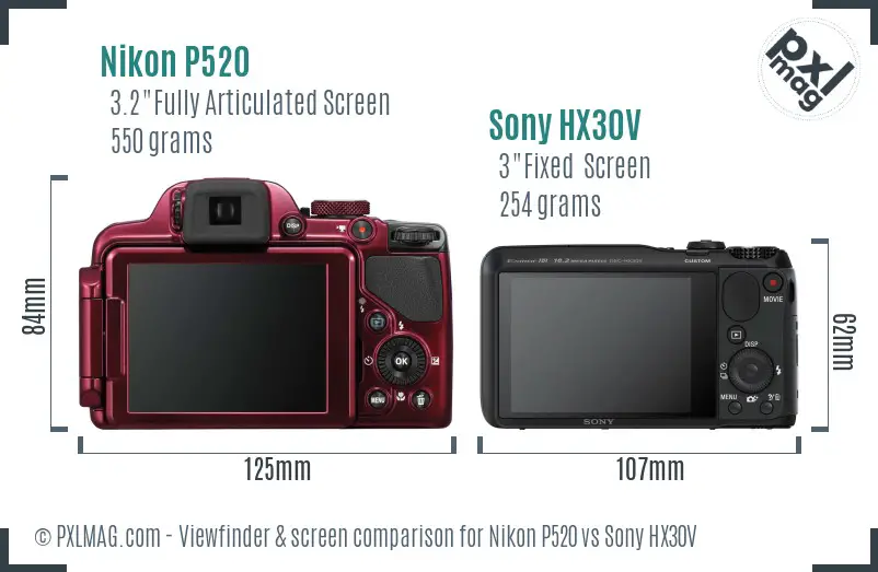 Nikon P520 vs Sony HX30V Screen and Viewfinder comparison