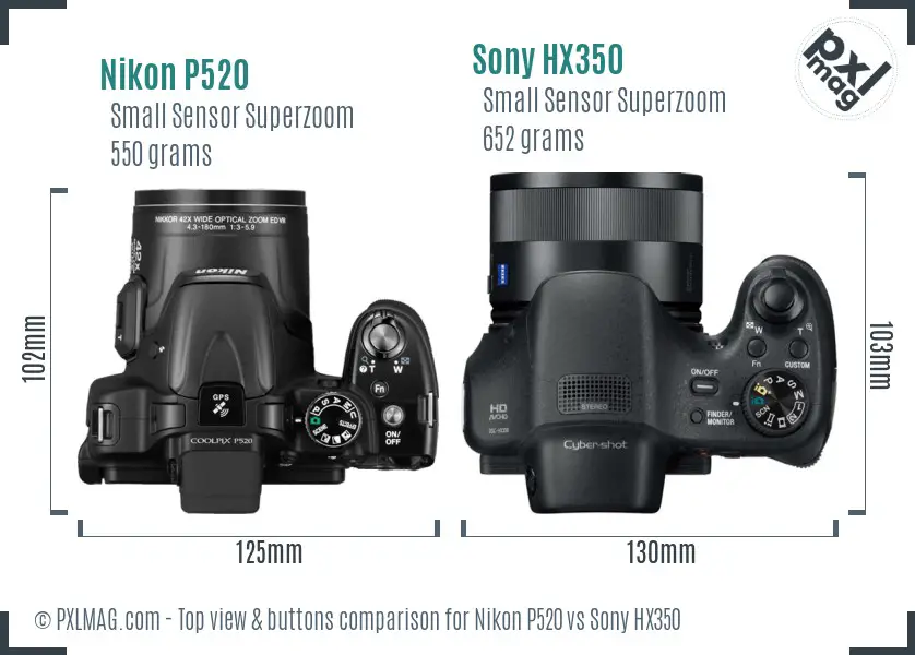 Nikon P520 vs Sony HX350 top view buttons comparison