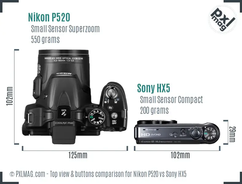 Nikon P520 vs Sony HX5 top view buttons comparison