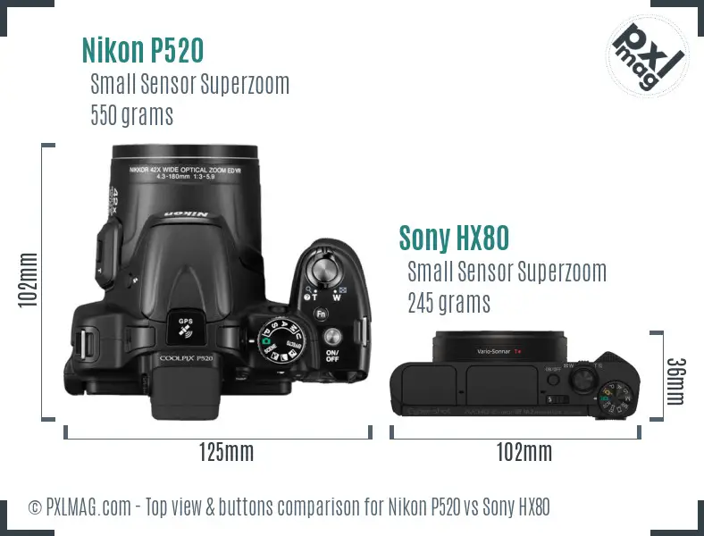 Nikon P520 vs Sony HX80 top view buttons comparison
