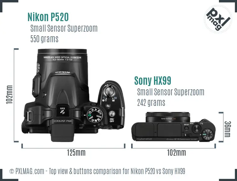 Nikon P520 vs Sony HX99 top view buttons comparison