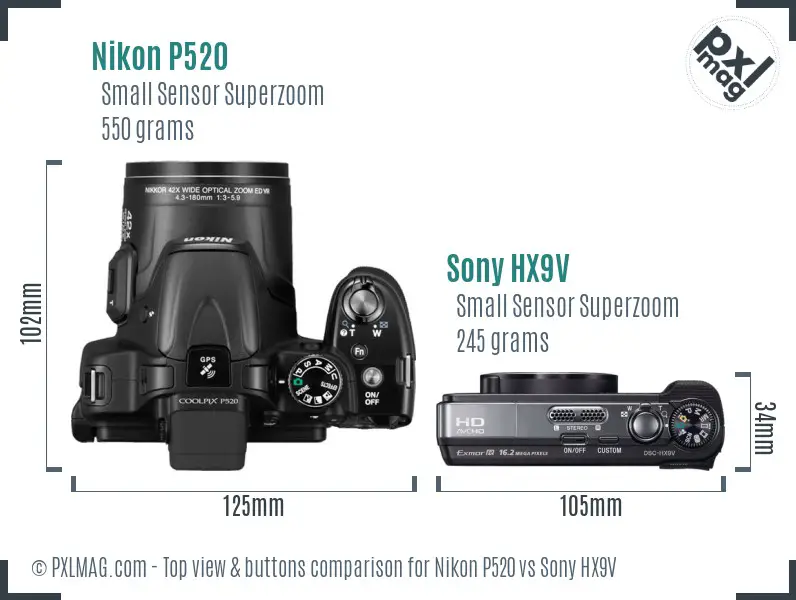 Nikon P520 vs Sony HX9V top view buttons comparison