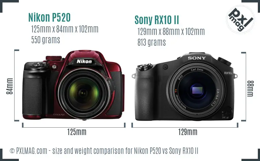 Nikon P520 vs Sony RX10 II size comparison