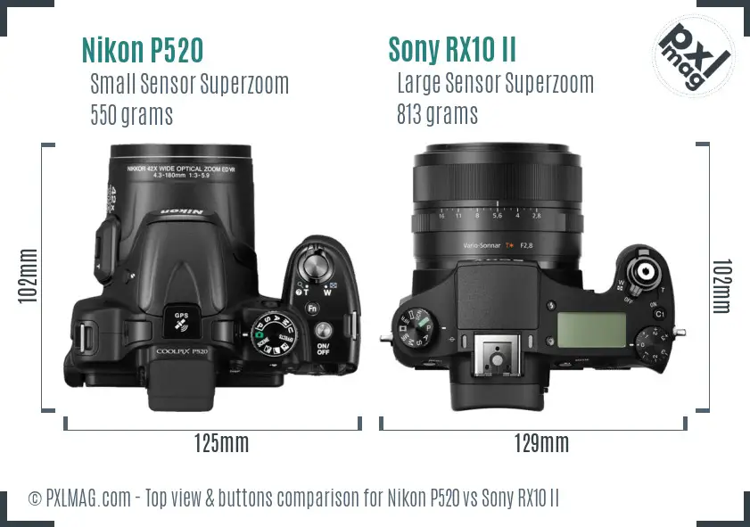 Nikon P520 vs Sony RX10 II top view buttons comparison