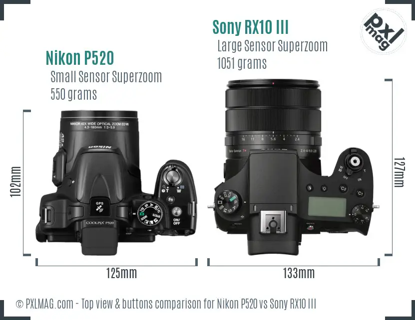 Nikon P520 vs Sony RX10 III top view buttons comparison