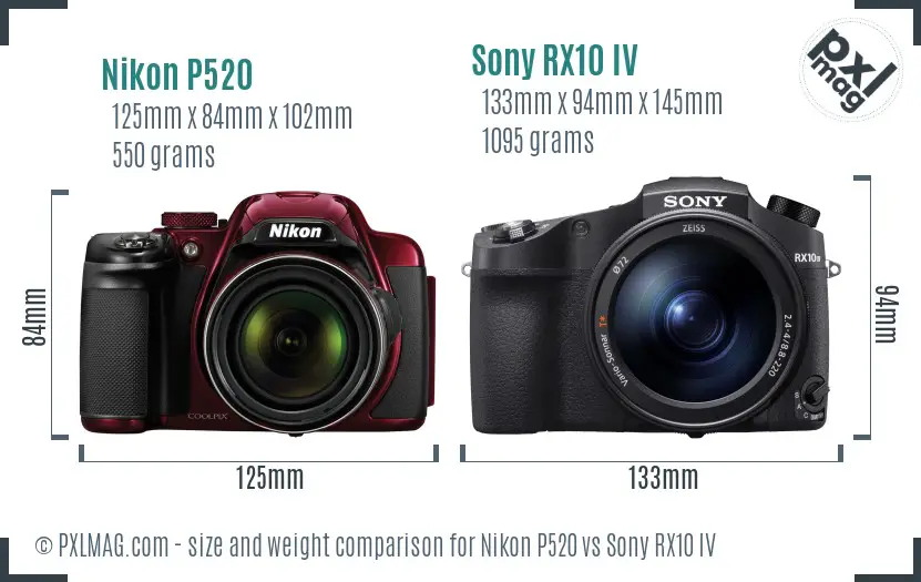 Nikon P520 vs Sony RX10 IV size comparison