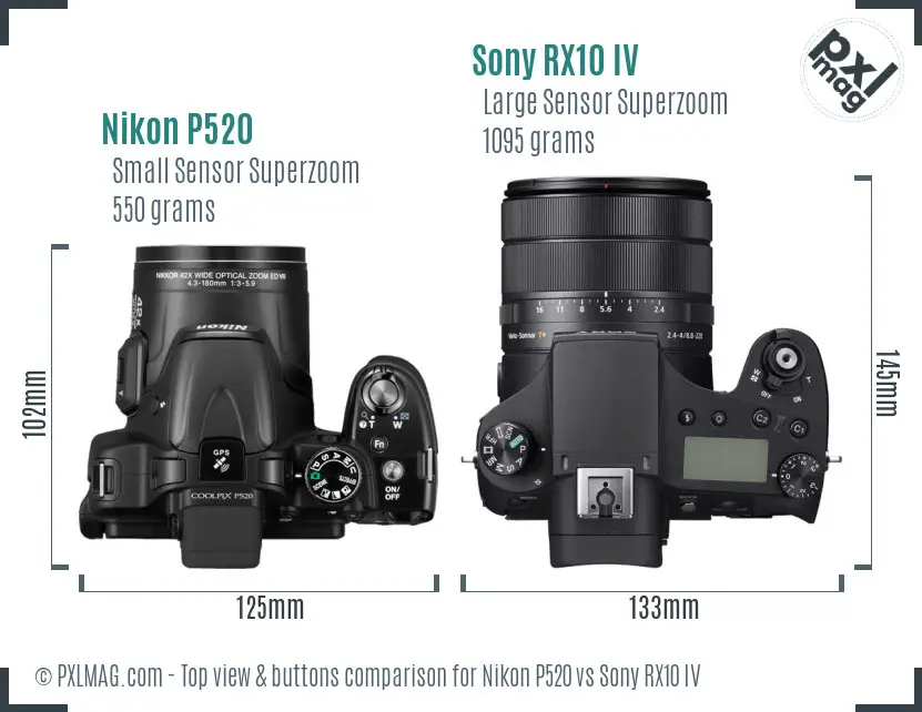 Nikon P520 vs Sony RX10 IV top view buttons comparison