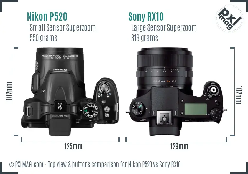 Nikon P520 vs Sony RX10 top view buttons comparison