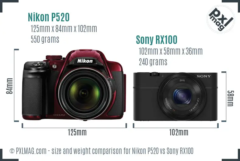 Nikon P520 vs Sony RX100 size comparison
