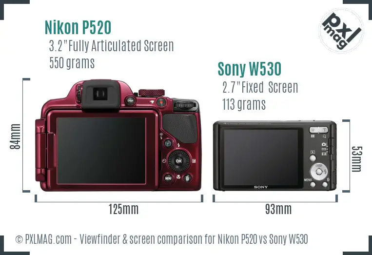 Nikon P520 vs Sony W530 Screen and Viewfinder comparison