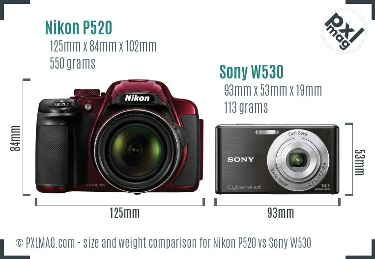 Nikon P520 vs Sony W530 size comparison