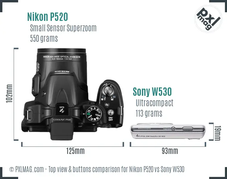 Nikon P520 vs Sony W530 top view buttons comparison