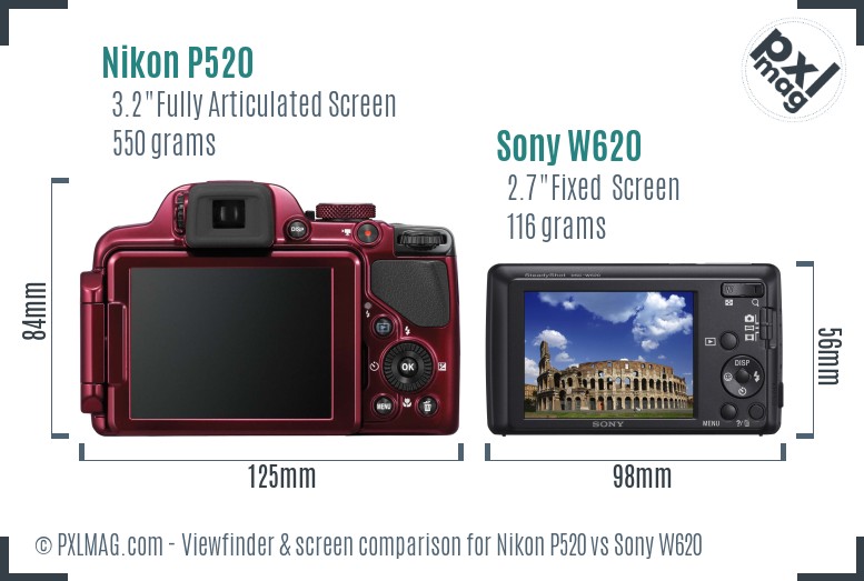 Nikon P520 vs Sony W620 Screen and Viewfinder comparison