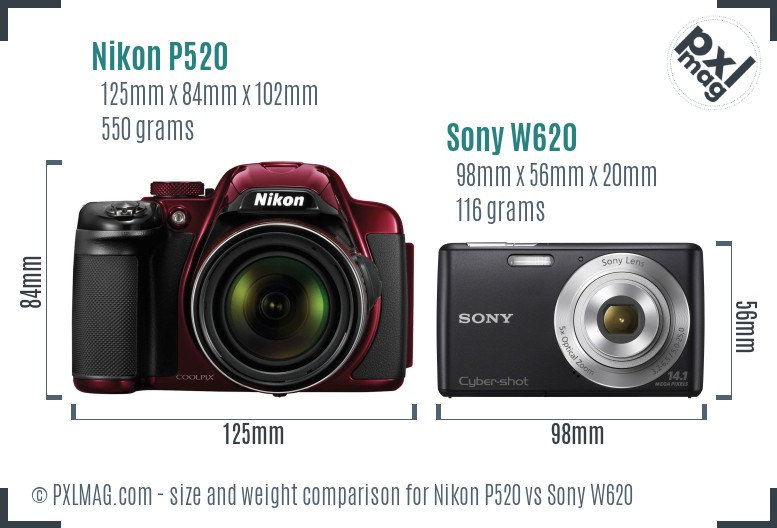 Nikon P520 vs Sony W620 size comparison