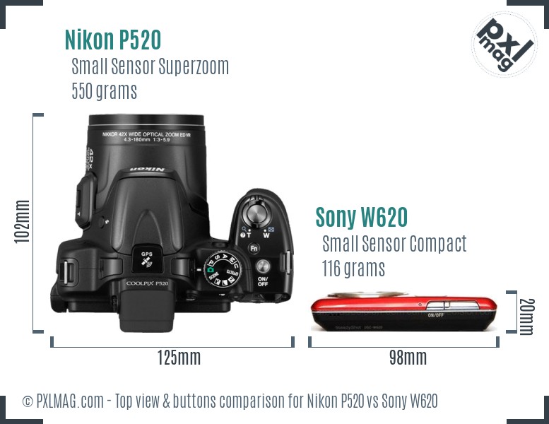 Nikon P520 vs Sony W620 top view buttons comparison