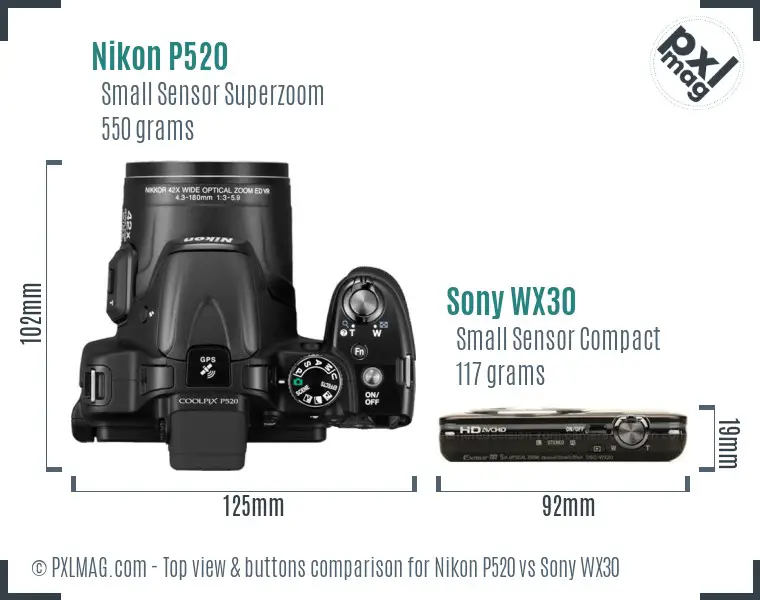 Nikon P520 vs Sony WX30 top view buttons comparison Nikon P520 vs Sony WX30 top view buttons comparison
