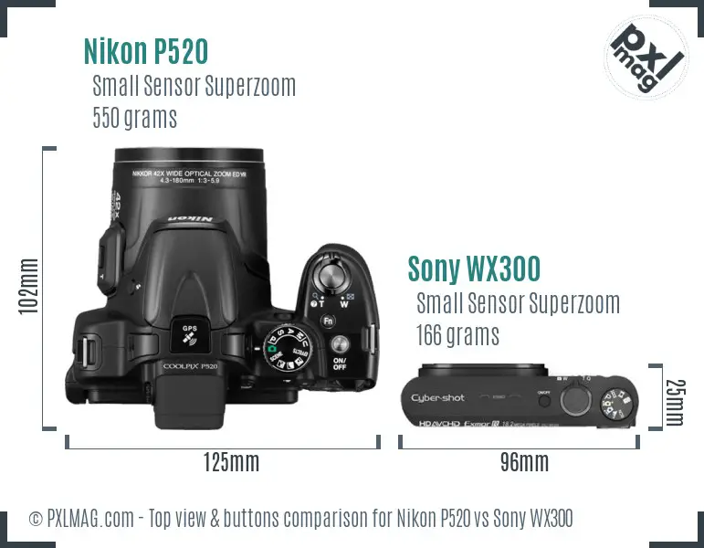 Nikon P520 vs Sony WX300 top view buttons comparison