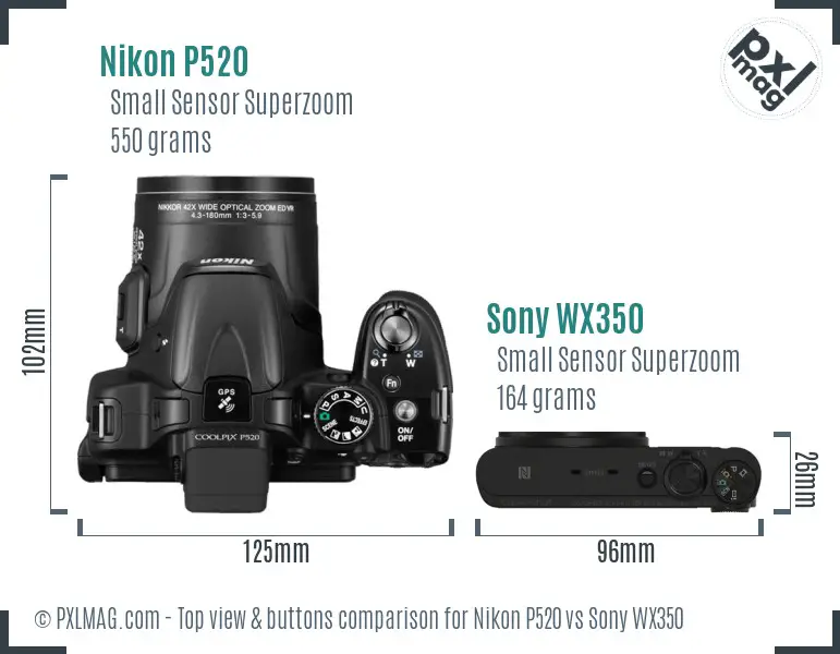 Nikon P520 vs Sony WX350 top view buttons comparison Nikon P520 vs Sony WX350 top view buttons comparison