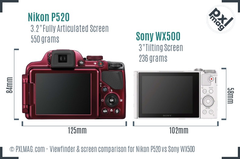 Nikon P520 vs Sony WX500 Screen and Viewfinder comparison