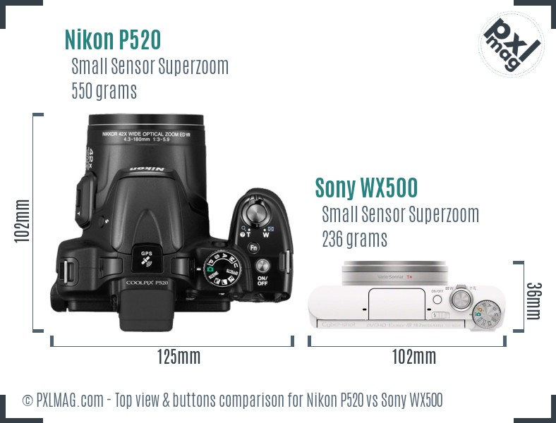 Nikon P520 vs Sony WX500 top view buttons comparison