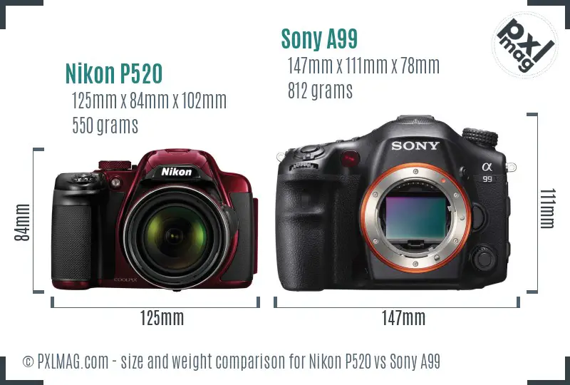Nikon P520 vs Sony A99 size comparison Nikon P520 vs Sony A99 size comparison