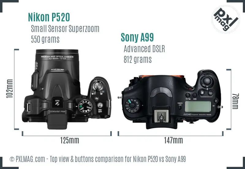 Nikon P520 vs Sony A99 top view buttons comparison Nikon P520 vs Sony A99 top view buttons comparison