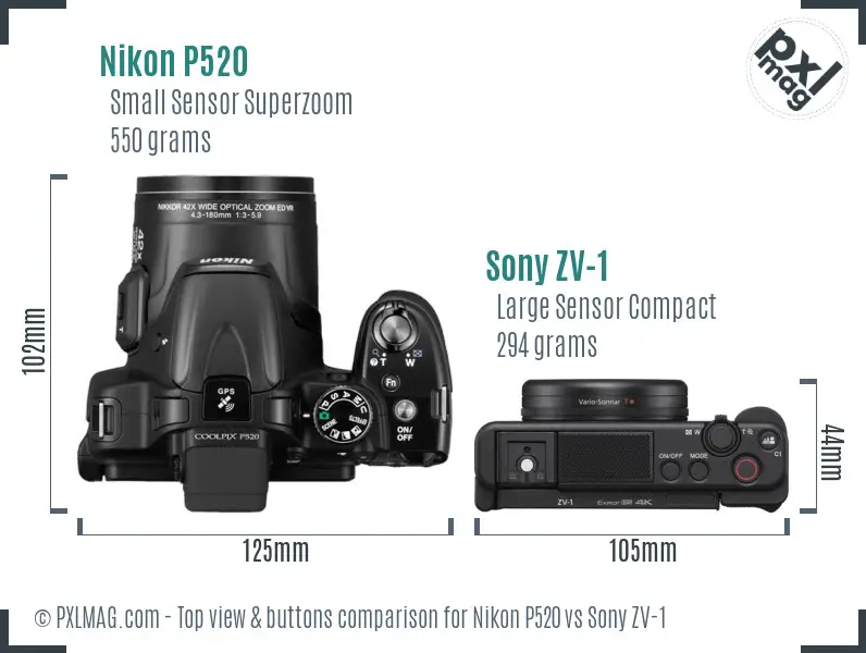 Nikon P520 vs Sony ZV-1 top view buttons comparison