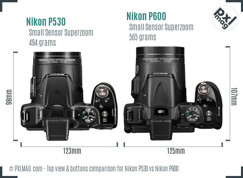 Nikon P530 vs Nikon P600 top view buttons comparison