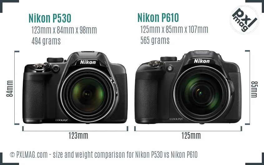 Nikon P530 vs Nikon P610 size comparison