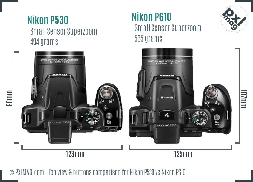 Nikon P530 vs Nikon P610 top view buttons comparison