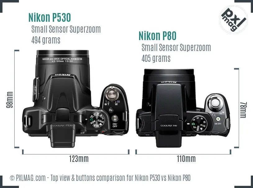 Nikon P530 vs Nikon P80 top view buttons comparison