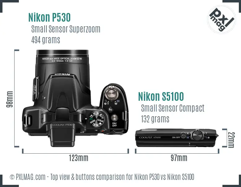Nikon P530 vs Nikon S5100 top view buttons comparison