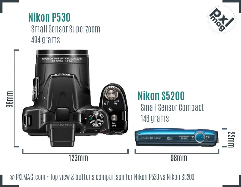 Nikon P530 vs Nikon S5200 top view buttons comparison