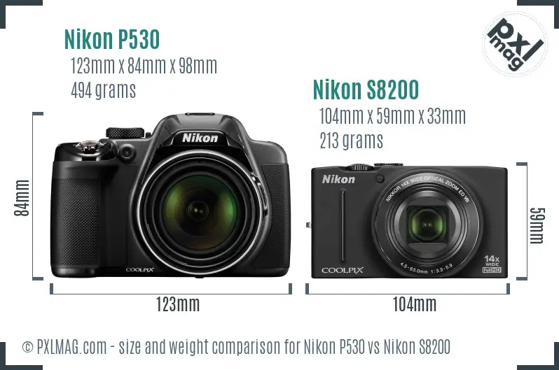 Nikon P530 vs Nikon S8200 size comparison