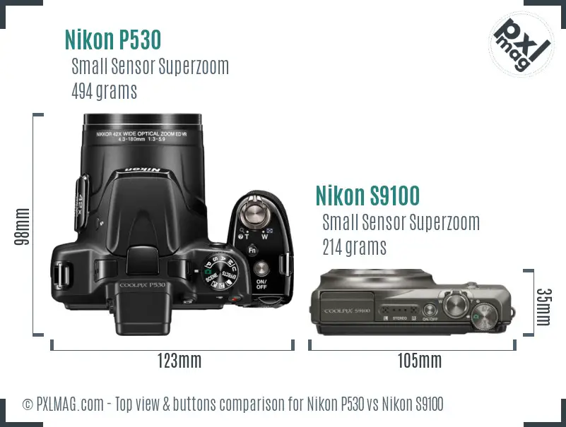Nikon P530 vs Nikon S9100 top view buttons comparison