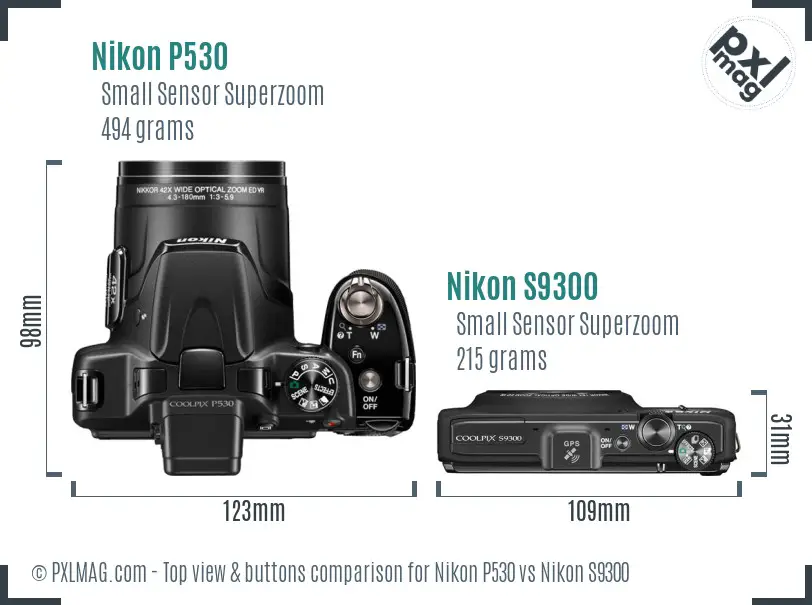 Nikon P530 vs Nikon S9300 top view buttons comparison