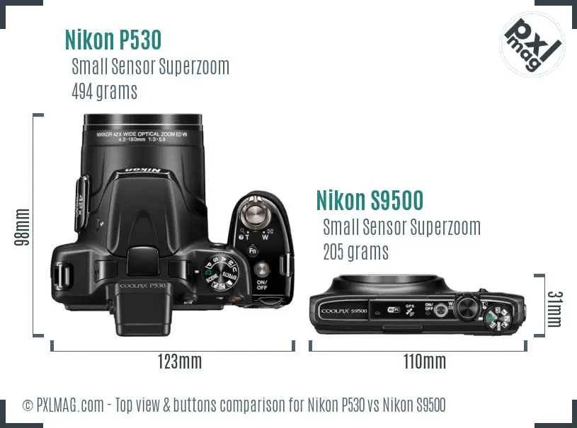 Nikon P530 vs Nikon S9500 top view buttons comparison