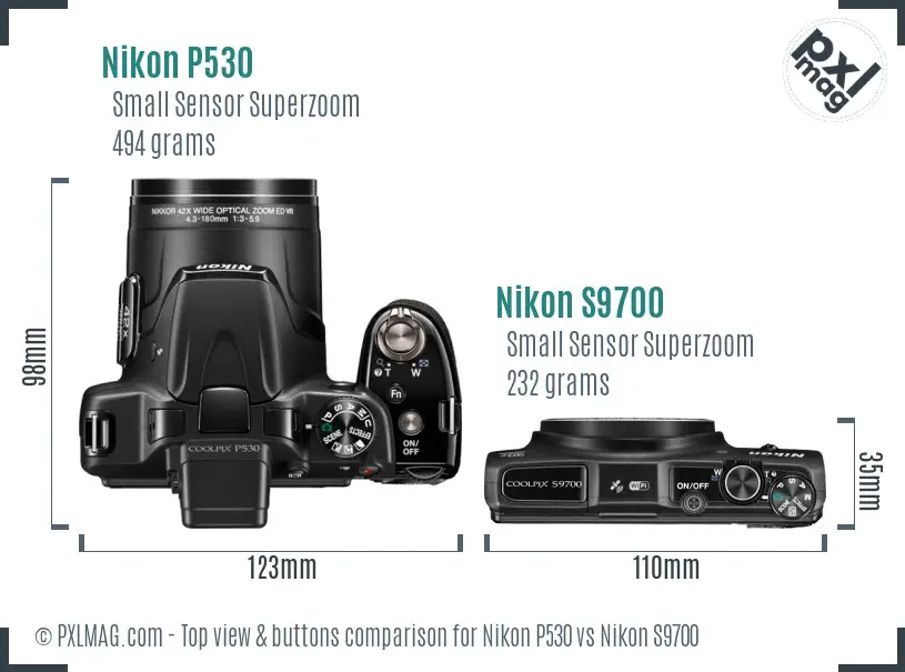 Nikon P530 vs Nikon S9700 top view buttons comparison