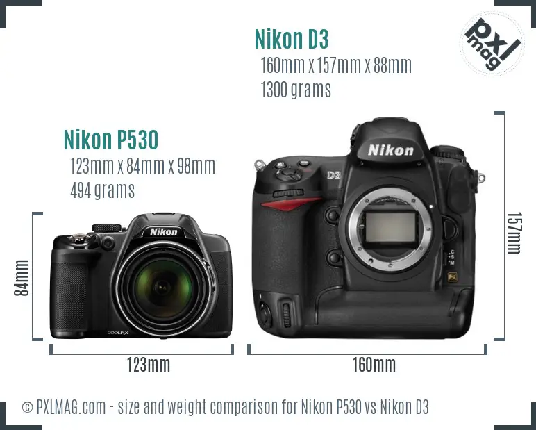 Nikon P530 vs Nikon D3 size comparison