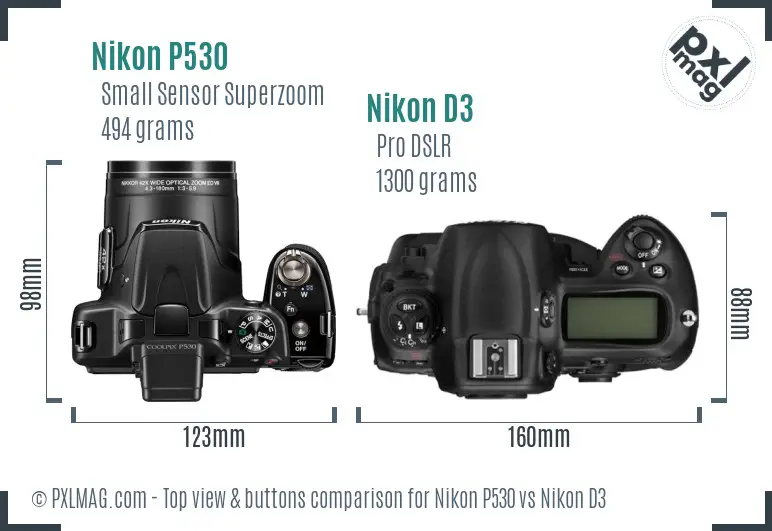 Nikon P530 vs Nikon D3 top view buttons comparison