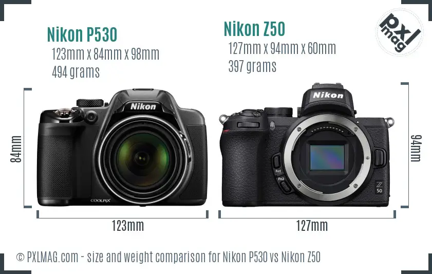 Nikon P530 vs Nikon Z50 size comparison Nikon P530 vs Nikon Z50 size comparison