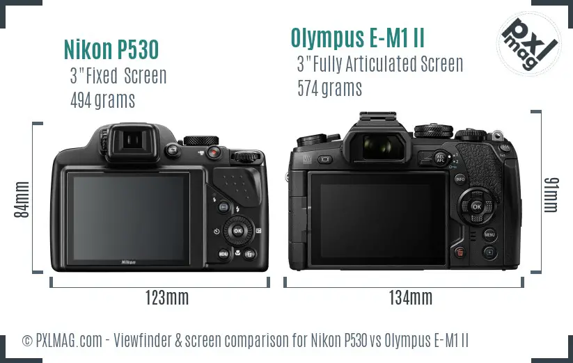 Nikon P530 vs Olympus E-M1 II Screen and Viewfinder comparison