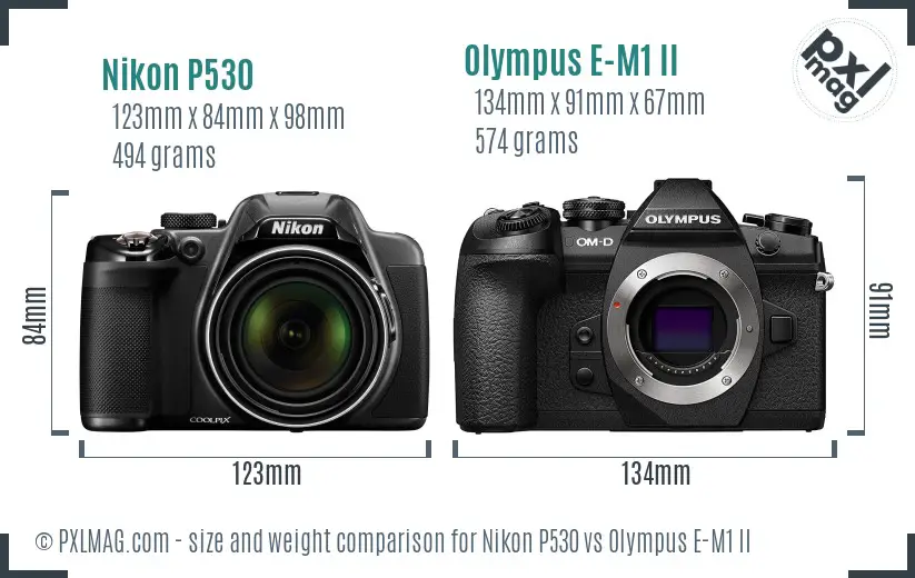Nikon P530 vs Olympus E-M1 II size comparison