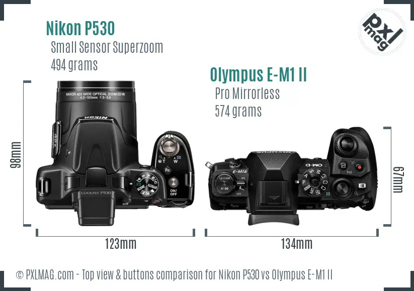 Nikon P530 vs Olympus E-M1 II top view buttons comparison