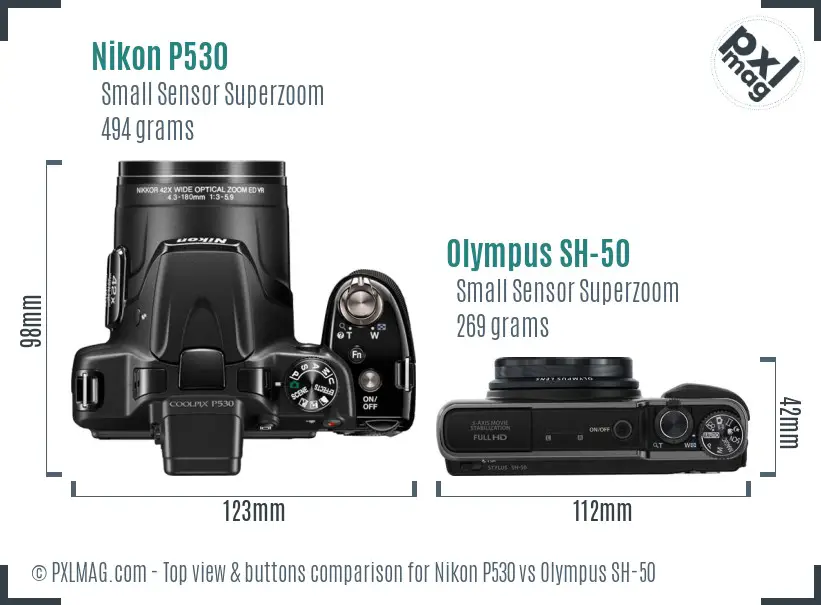 Nikon P530 vs Olympus SH-50 top view buttons comparison