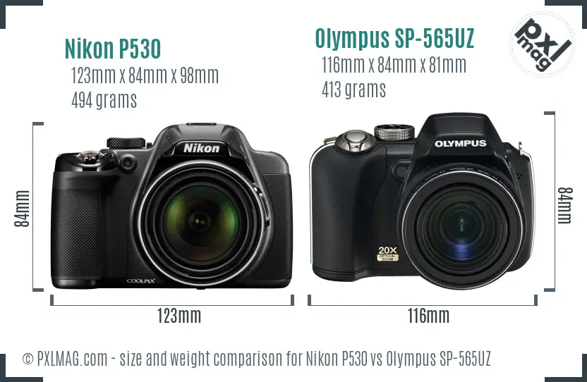 Nikon P530 vs Olympus SP-565UZ size comparison Nikon P530 vs Olympus SP-565UZ size comparison